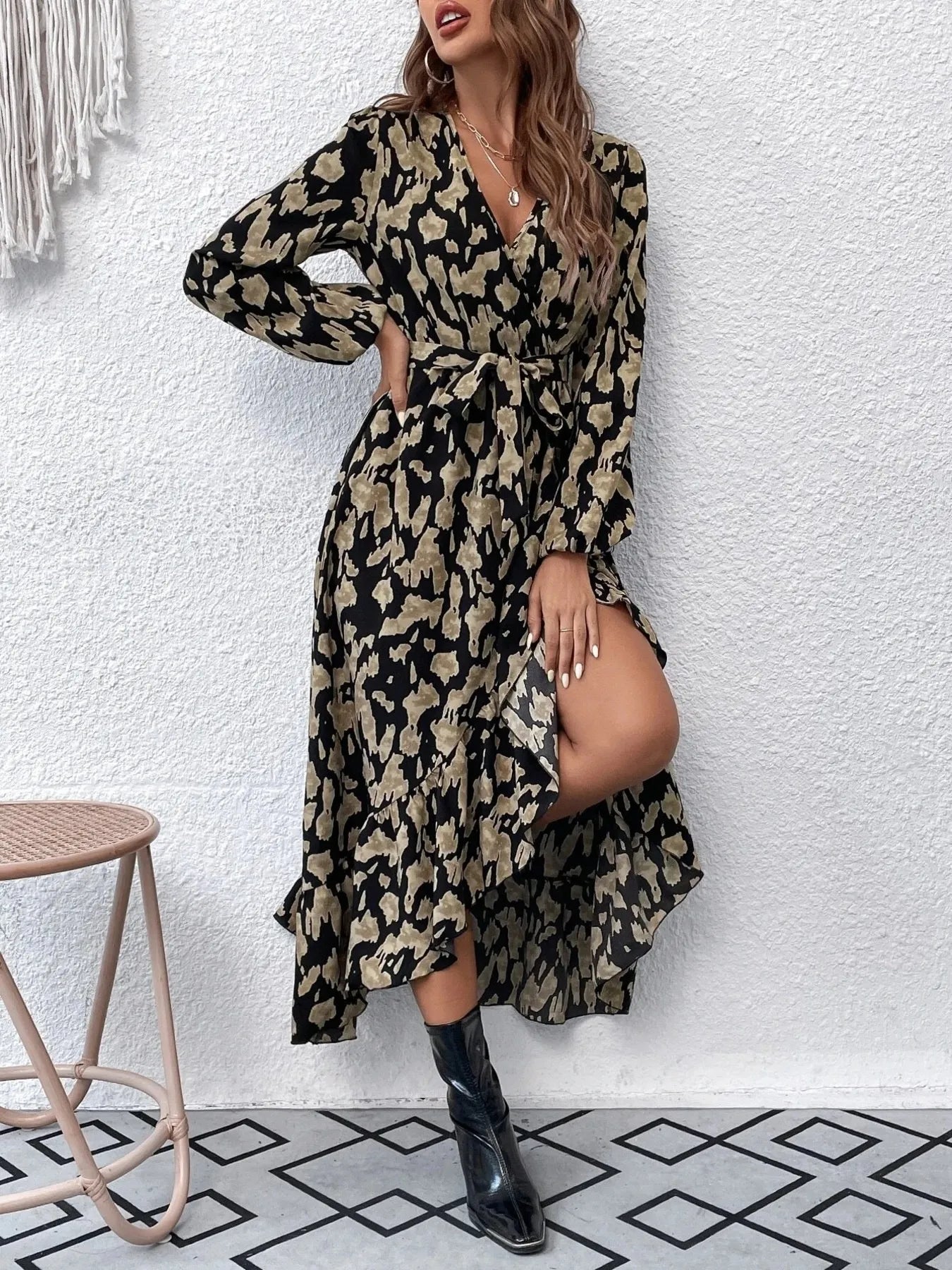 Leopard Print Surplice Balloon Sleeve Maxi Dress with Tie Waist