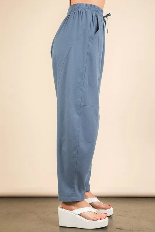 VERY J Solid Woven Barrel Pants with Drawstring Waist