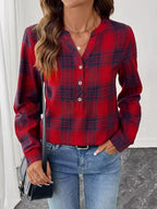 Classic Plaid Half Button Long Sleeve Blouse