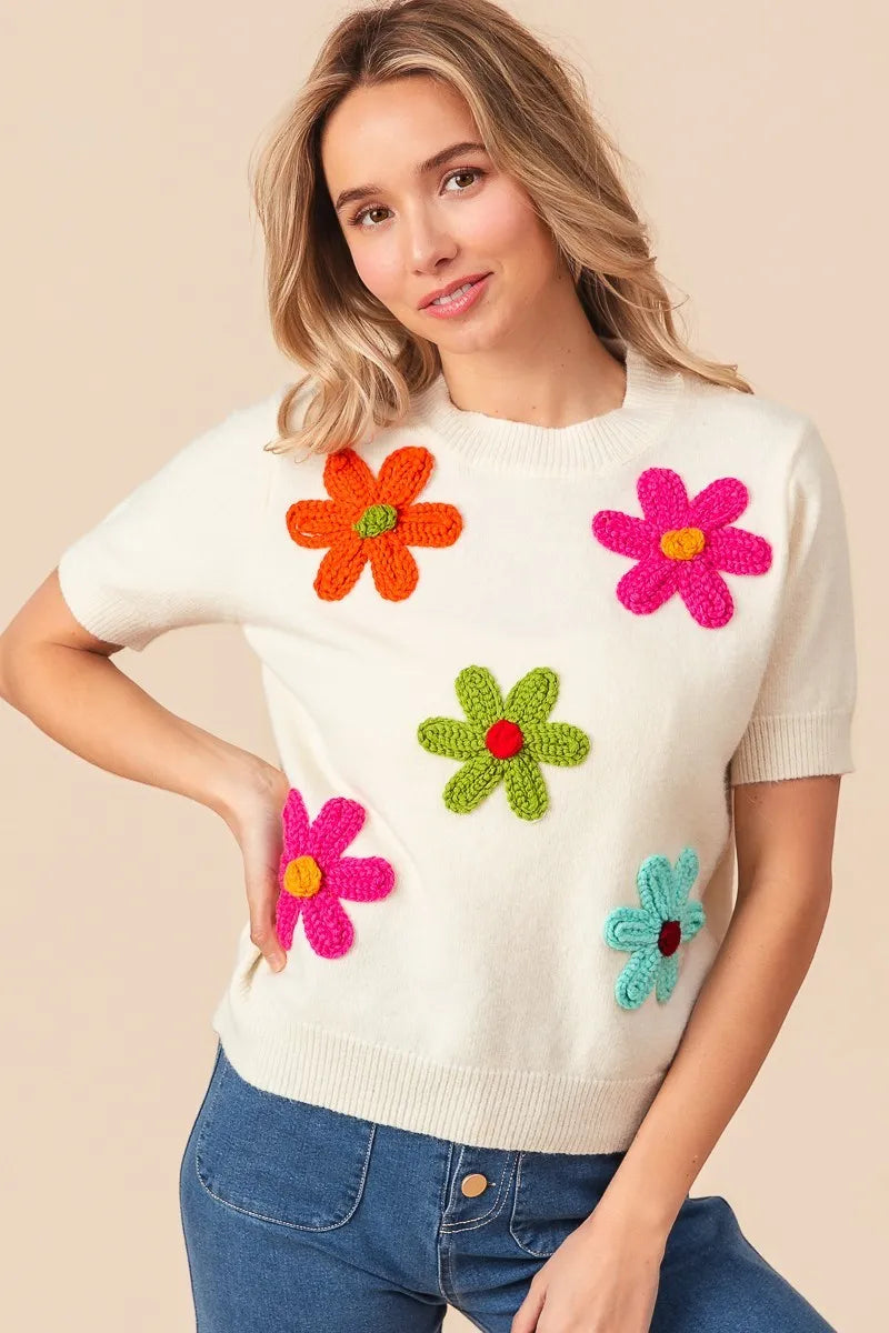 BiBi Crochet Daisy Patch Knit Sweater Top