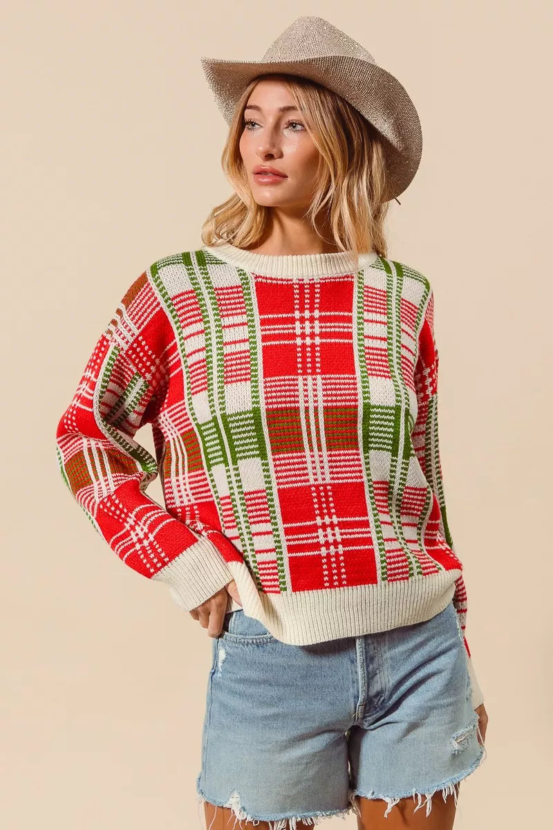 SO ME Festive Christmas Checkered Plaid Crew Neck Sweater