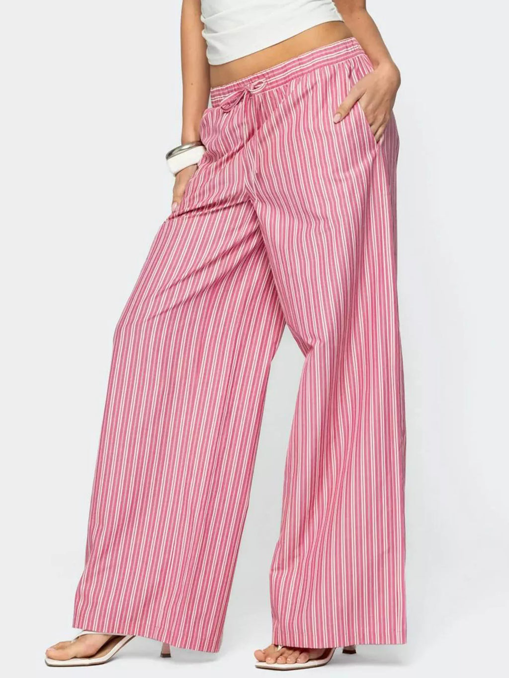 Striped Drawstring Wide-Leg Pants with Pockets