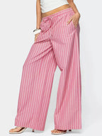 Striped Drawstring Wide-Leg Pants with Pockets