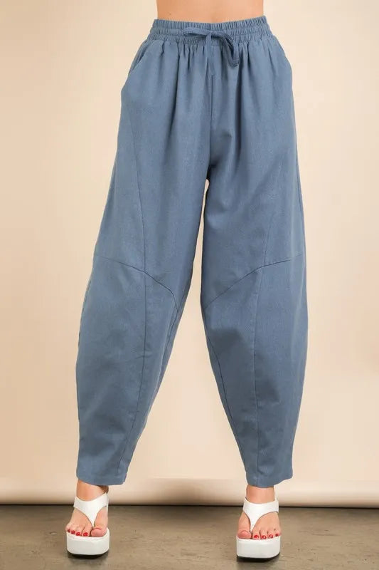 VERY J Solid Woven Barrel Pants with Drawstring Waist