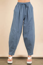 VERY J Solid Woven Barrel Pants with Drawstring Waist