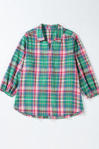 Plaid Collared Neck Three-Quarter Sleeve Shirt