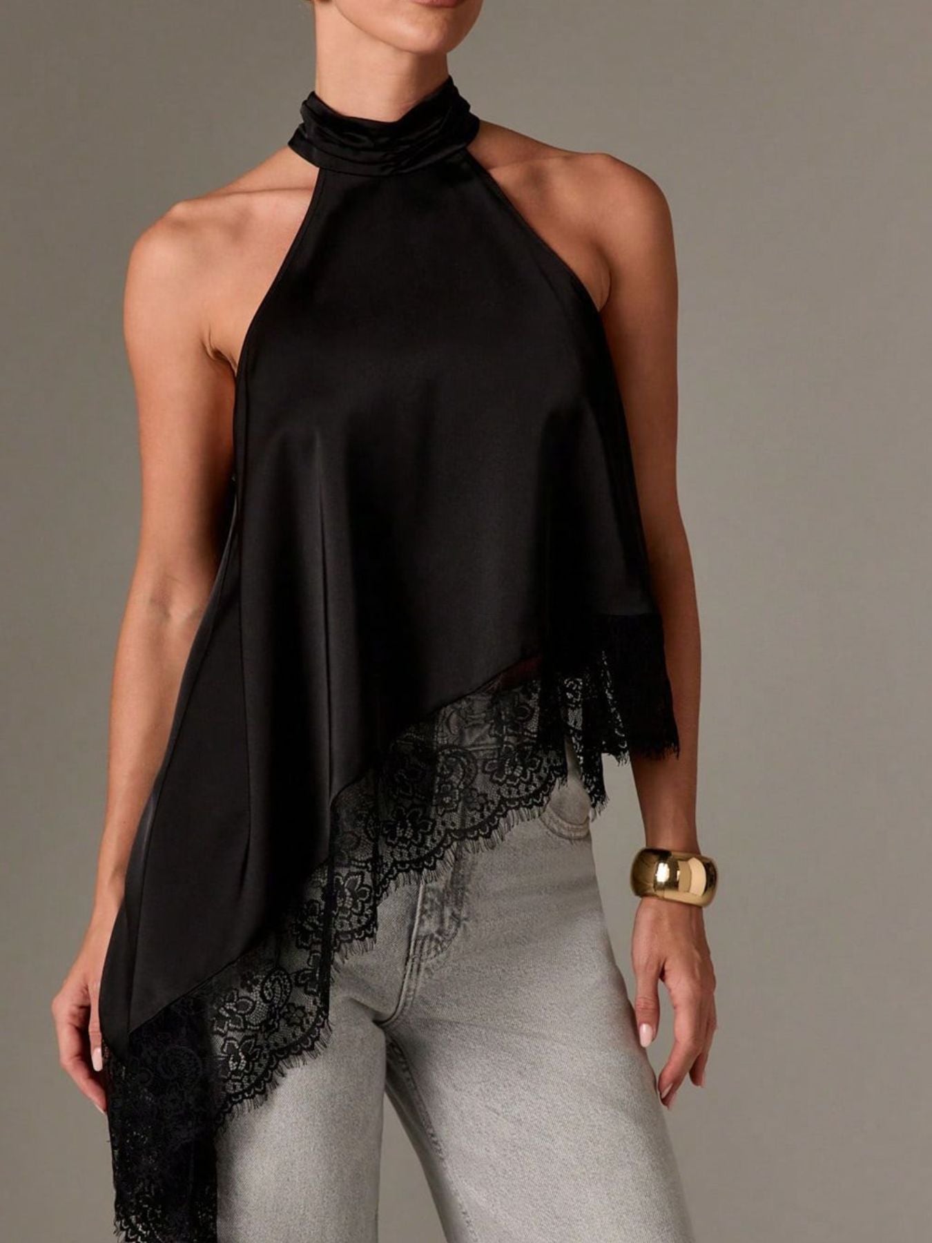 Asymmetrical Lace-Trim Halter Neck Cami Top