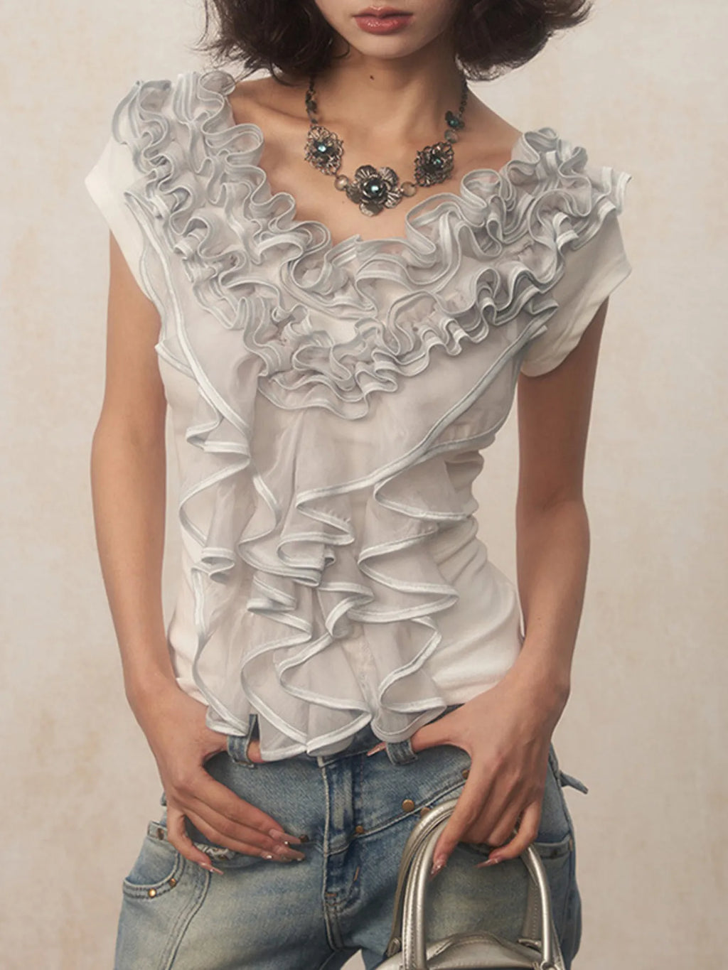 Elegant Ruffled Round Neck Short Sleeve Top White