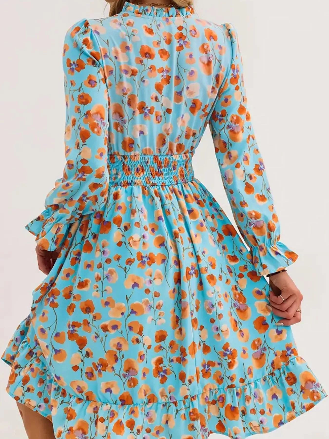 Floral Smocked Ruffled Flounce Sleeve Midi Dress