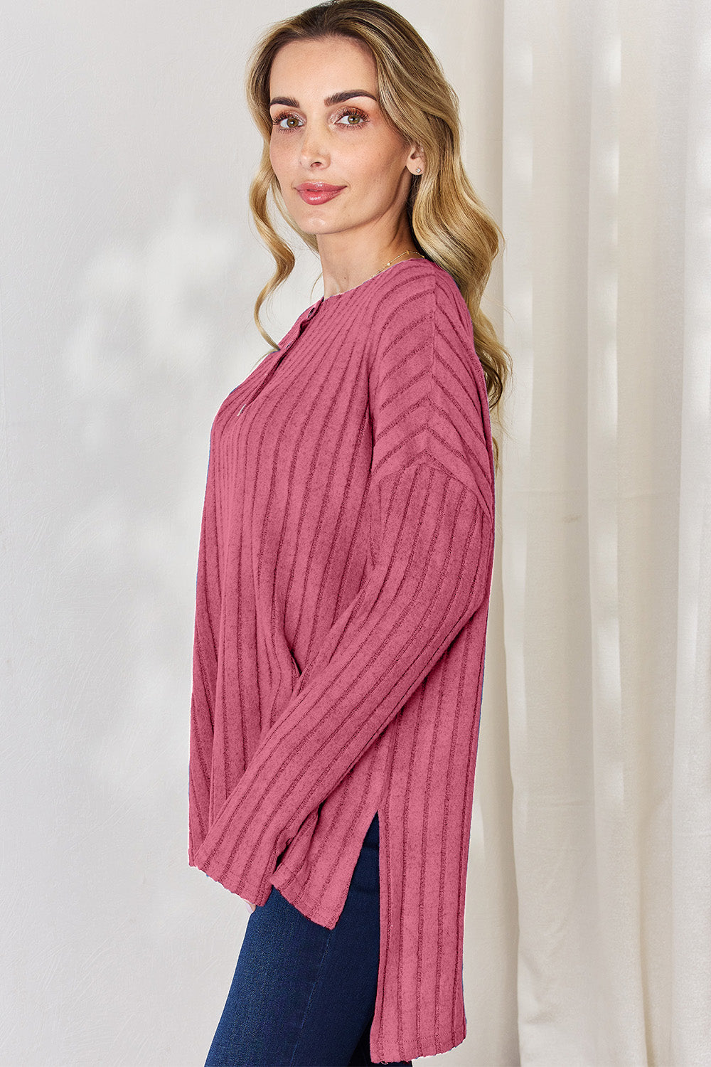 Basic Bae Ribbed Half Button Long Sleeve High-Low T-Shirt