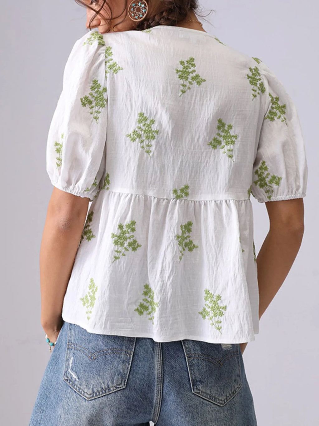 Embroidered V-Neck Puff Sleeve Peplum Blouse