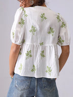 Embroidered V-Neck Puff Sleeve Peplum Blouse