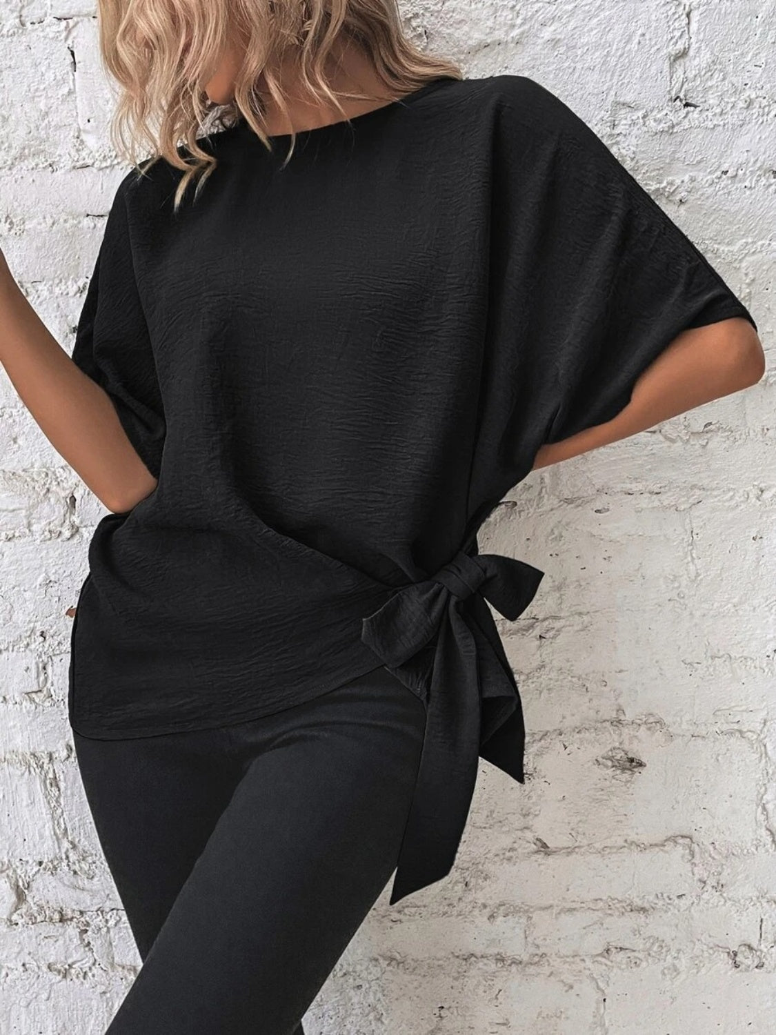 Knotted Round Neck Blouse with Half Sleeves and Button Detail Black