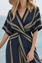 Striped Wrap Half-Sleeve Maxi Dress