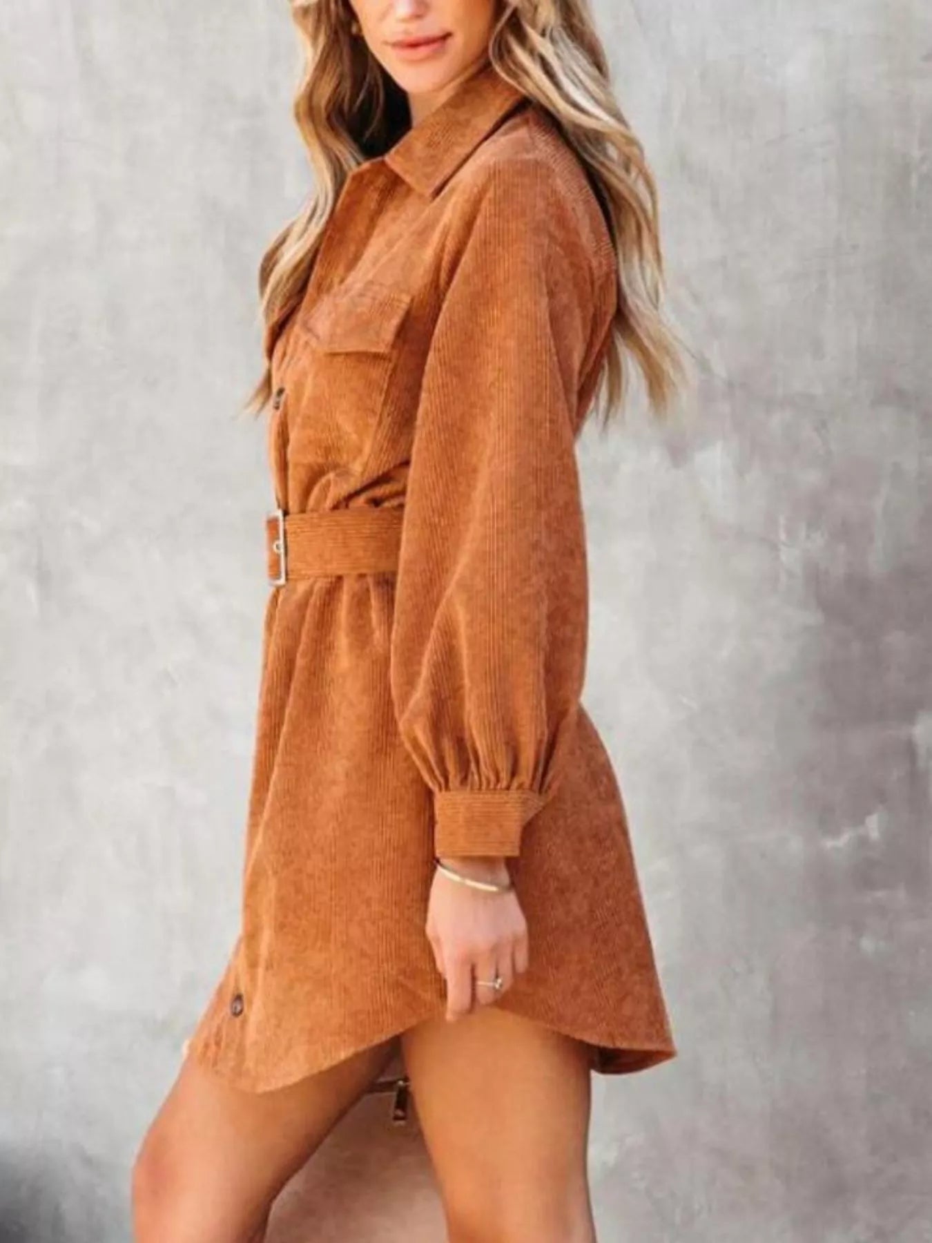 Button Front Belted Corduroy Dress with Pockets