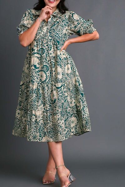 Umgee Full Size Printed Smocked Cuff Puff Sleeve Midi Dress