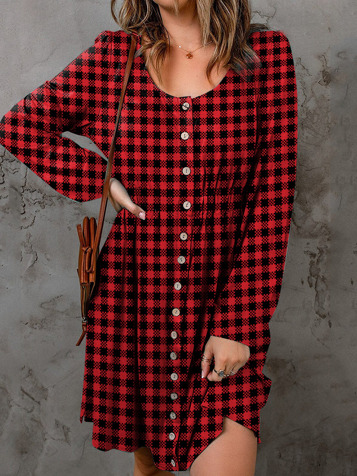 Plaid Long Sleeve Buttoned A-Line Mini Dress