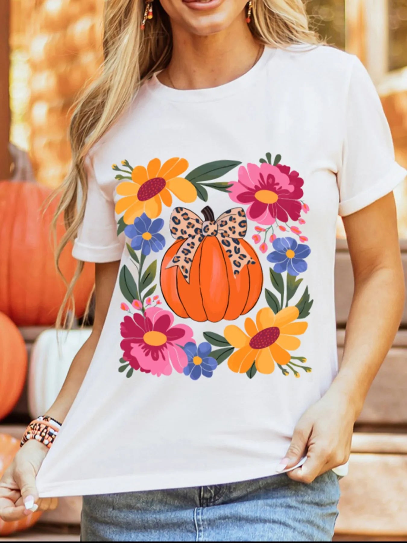 Pumpkin Floral Graphic Round Neck T-Shirt â€“ Soft Stretch & Everyday Style