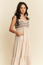 Davi & Dani Multi-Contrast Maxi Dress with Smocked Bodice
