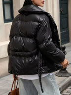 Long Sleeve Belted Puffer Jacket with Pockets