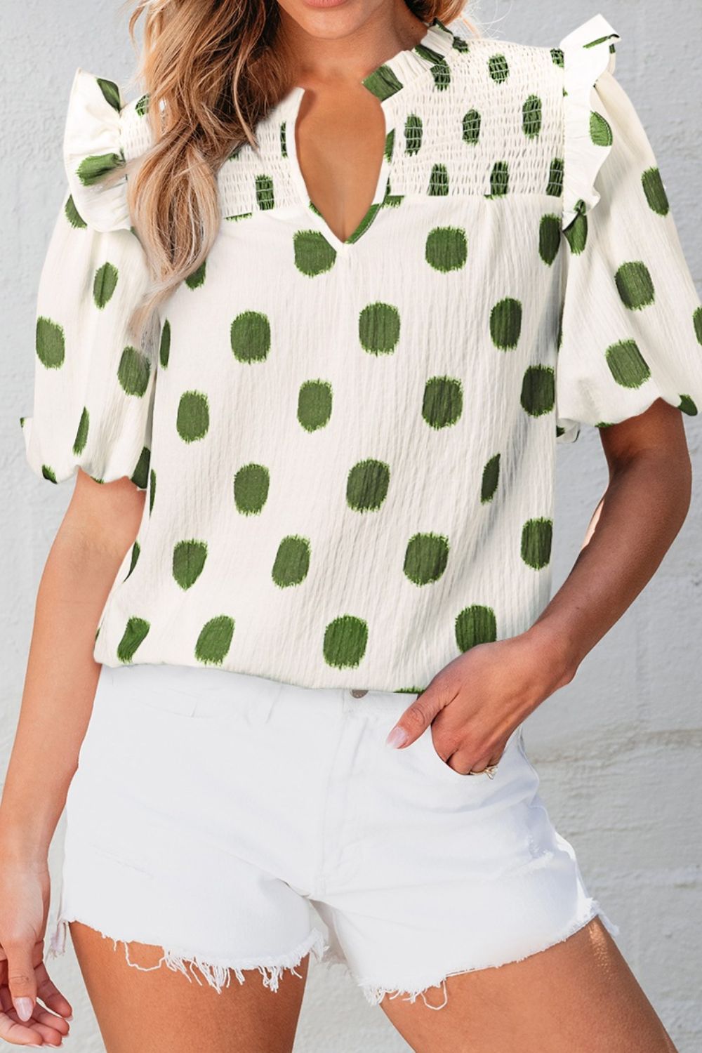 Polka Dot Shirred Yoke Notched Neck Puff Sleeve Blouse Matcha Green