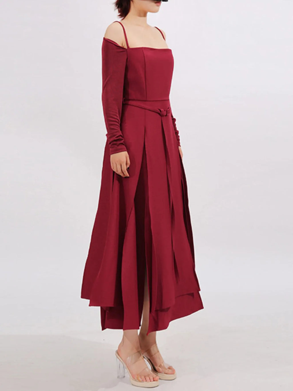 Ruched Slit Spaghetti Strap Long Sleeve Maxi Dress
