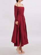 Ruched Slit Spaghetti Strap Long Sleeve Maxi Dress