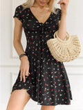 Full-Size Smocked Tie-Front V-Neck Mini Dress Floral