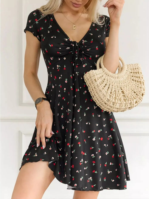 Full-Size Smocked Tie-Front V-Neck Mini Dress Floral