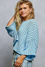 POL Cable-Knit Openwork Cropped Round-Neck Sweater