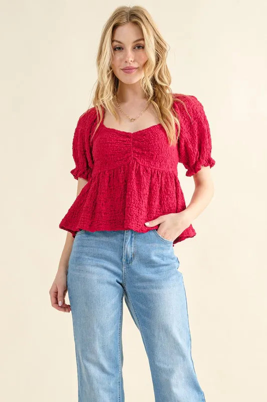 And The Why Textured Smocked Babydoll Top Red