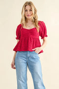 And The Why Textured Smocked Babydoll Top Red