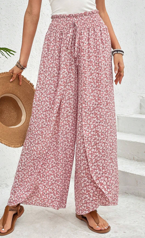 Slit Printed Wide-Leg Pants - Trendy & Flowy Statement Piece Blush Pink