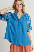 Boho Embroidered Sleeve Linen Top – Chic & Breezy Cerulean