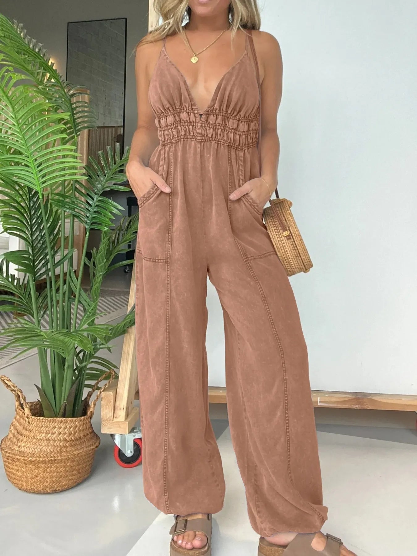 Full Size Wide-Leg Spaghetti Strap Jumpsuit – Plus Size Brown
