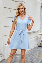 Tied Button-Up Short Sleeve Mini Shirt Dress Light Blue
