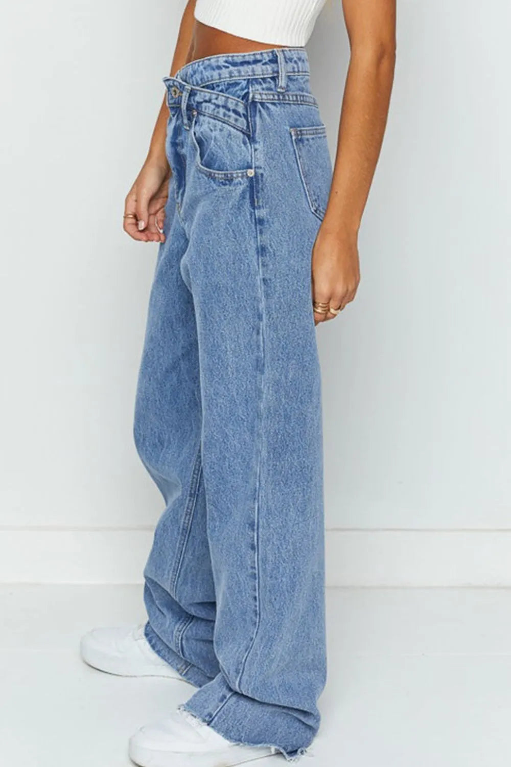 Mid Rise Wide Leg Jeans with Asymmetrical Waist
