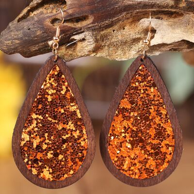 Sequin Wood Teardrop Earrings Caramel One Size