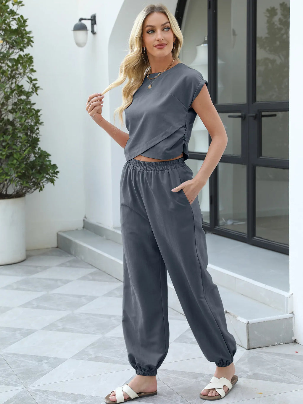 Relaxed Fit Two-Piece Lounge Set with Drawstring Pants