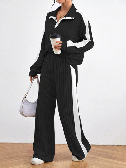 Ribbed Contrast Dropped Shoulder Top & Pants Co-ord Set