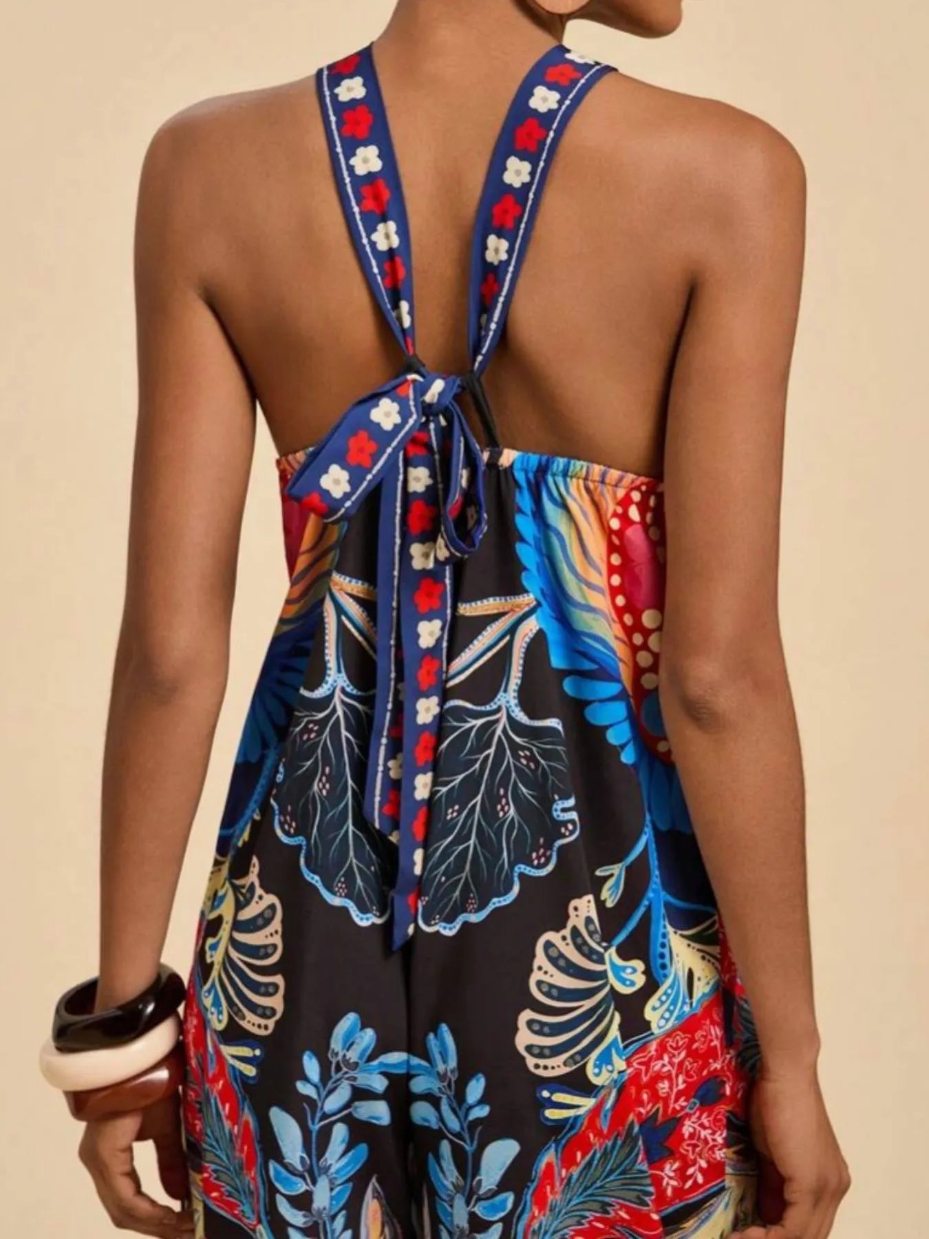 Boho Printed Halter Neck Wide-Leg Jumpsuit