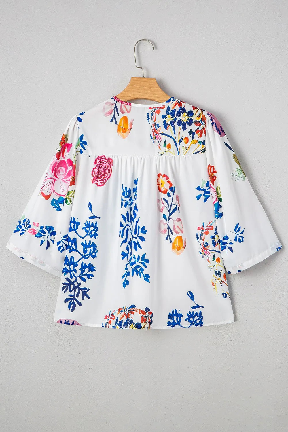 Boho Printed Tie Neck 3/4 Sleeve Blouse with Tassels