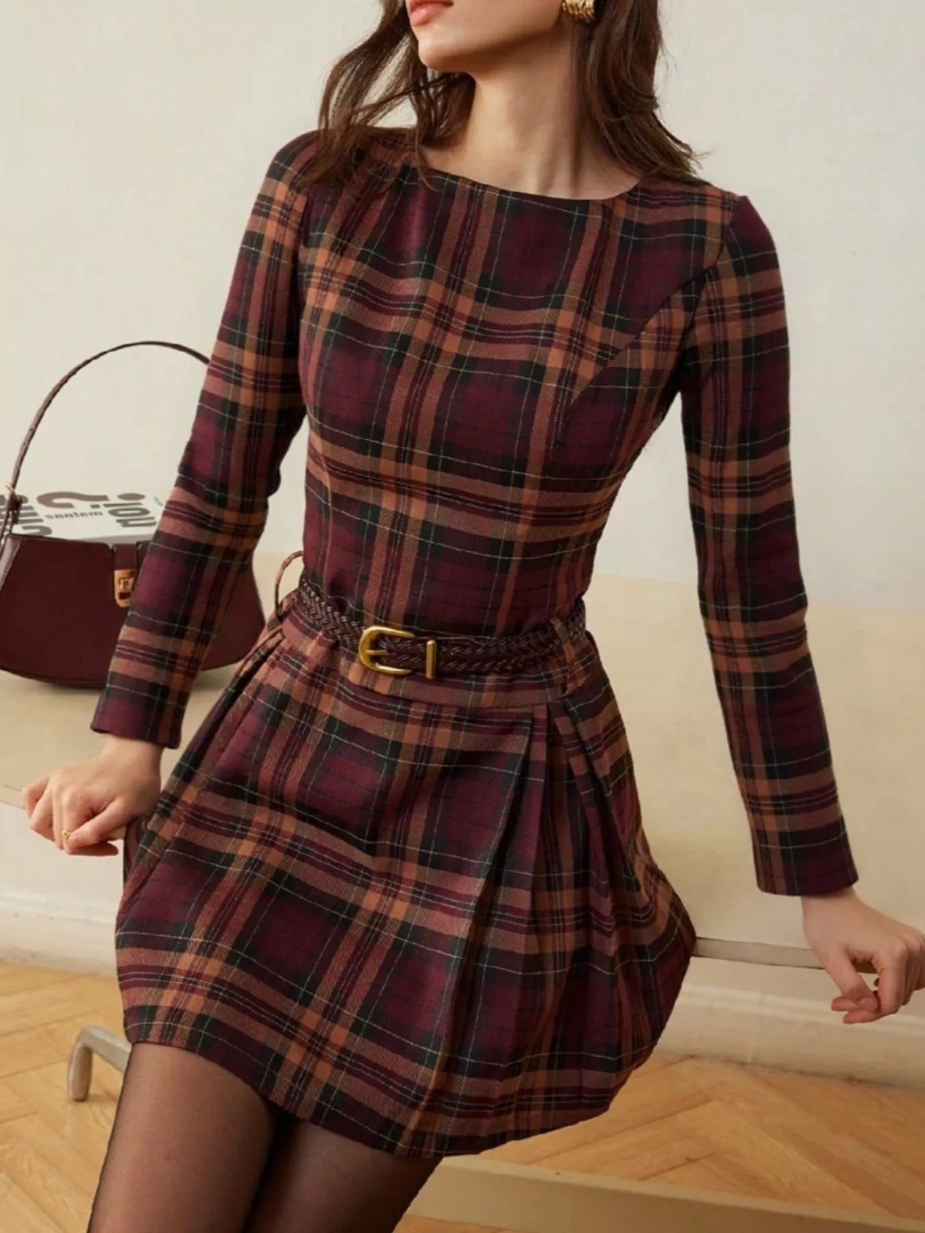 Classic Plaid Long Sleeve Zip-Back Mini Dress