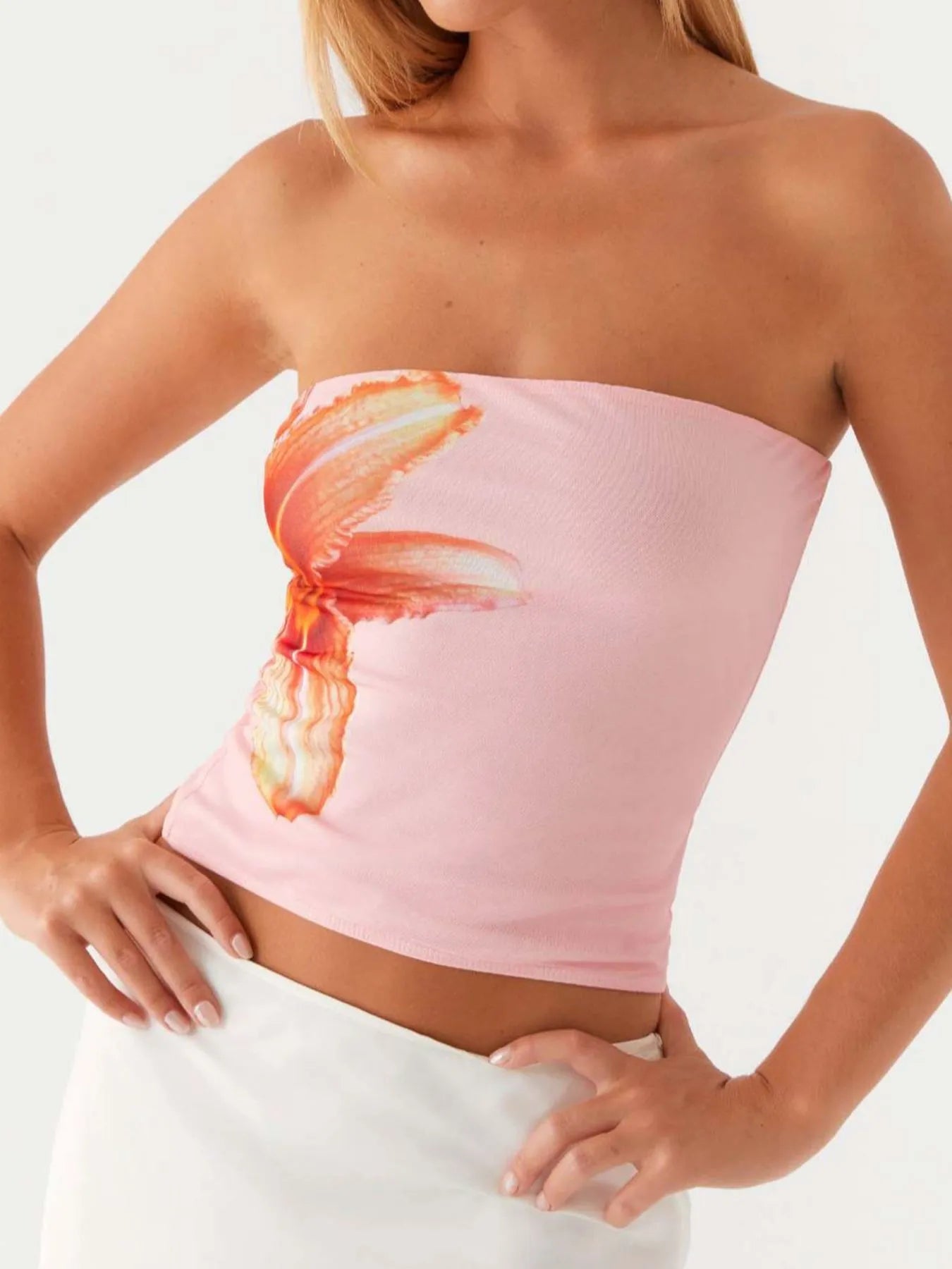 Floral Strapless Tube Top with Stretch Fit â€“ Sleek Summer Essential Pink