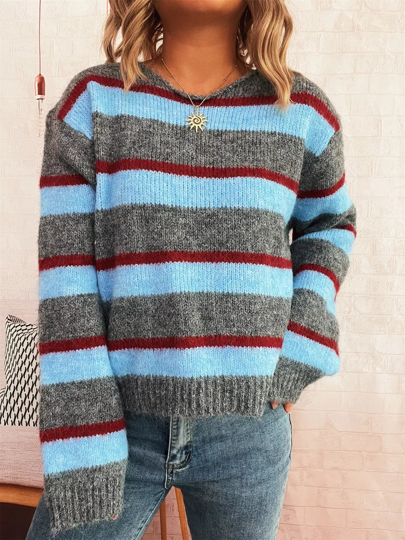 Striped Ribbed Round Neck Long Sleeve Sweater