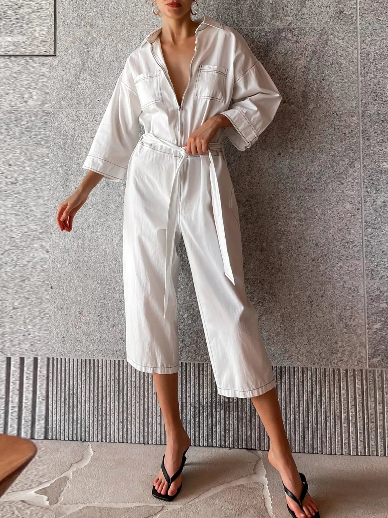 Tie Waist Wide Leg Jumpsuit – Elegant Belted One-Piece with Pockets