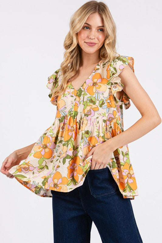 Mittoshop Floral V-Neck Ruffled Cap Sleeve Peplum Blouse