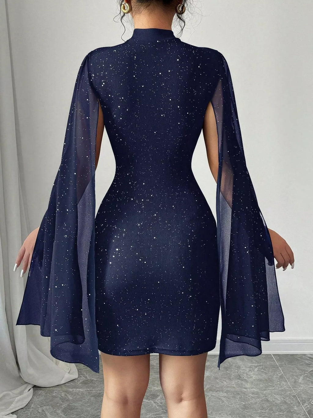 Glitter Cutout Bodycon Mini Dress with Cape Sleeves