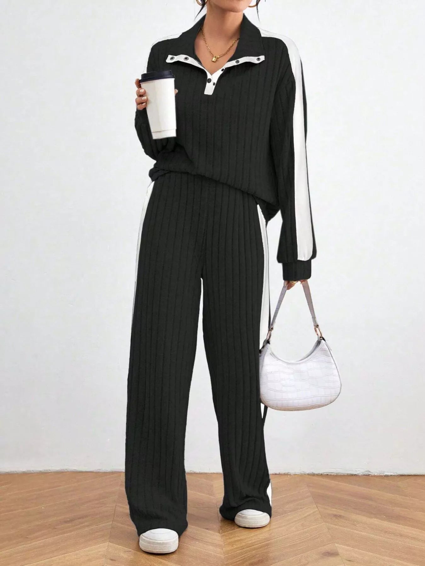 Ribbed Two-Piece Long Sleeve Top & Pants Set Black