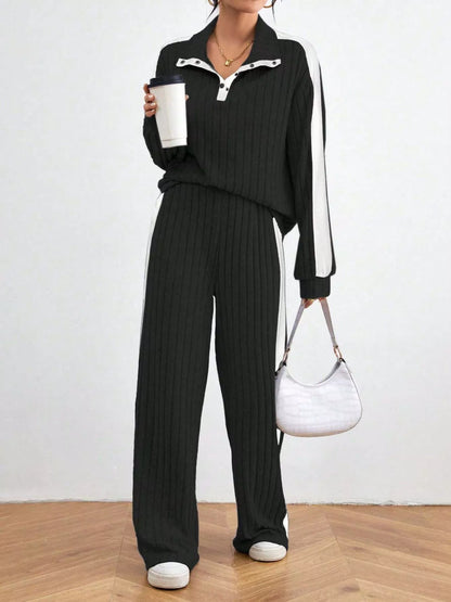 Ribbed Two-Piece Long Sleeve Top & Pants Set Black